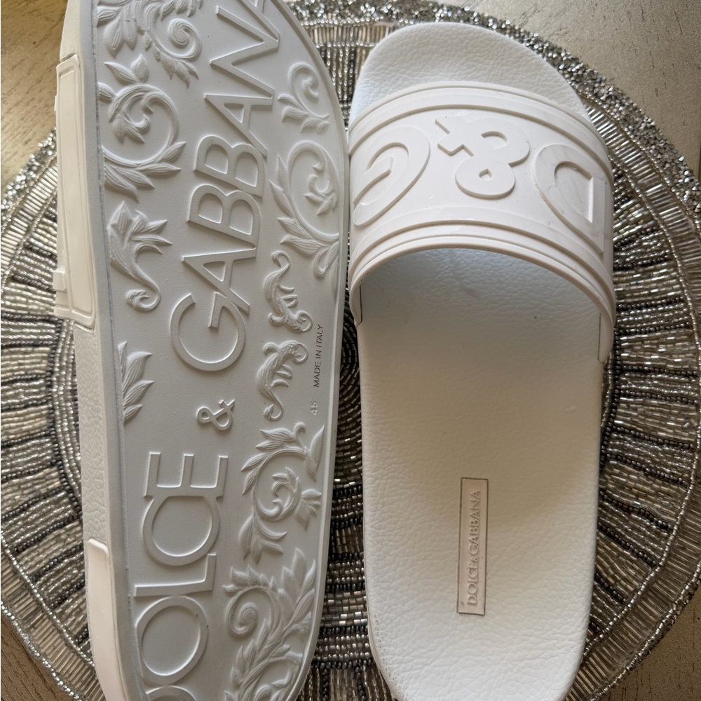 Men's Dolce & Gabbana White Embossed Logo Slide Sandals